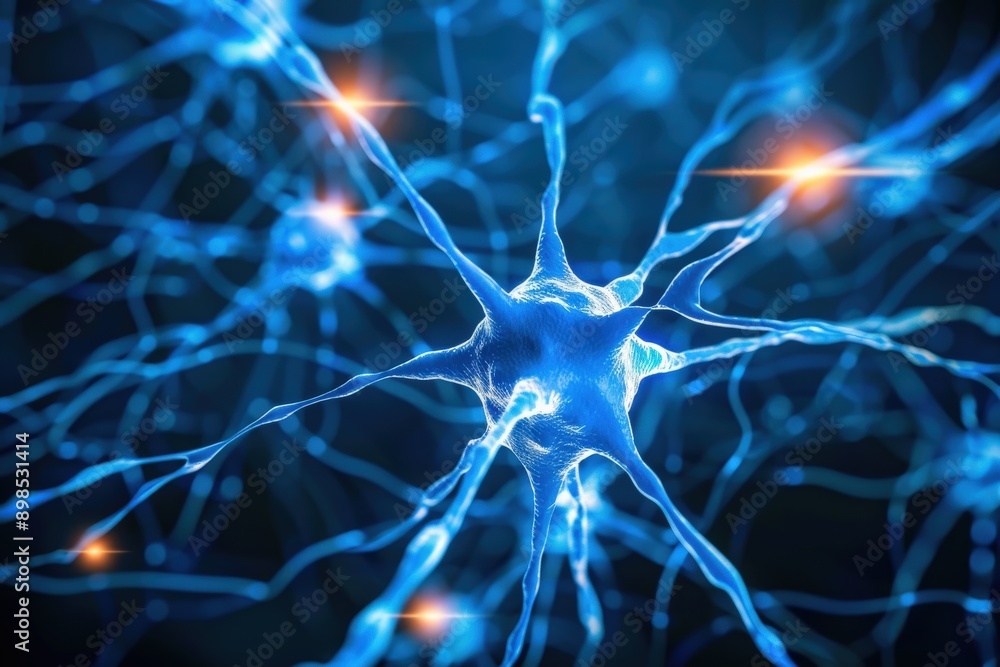Fototapete a digitally rendered image of a neuron, with detailed axons and dendrites branching out from the cen