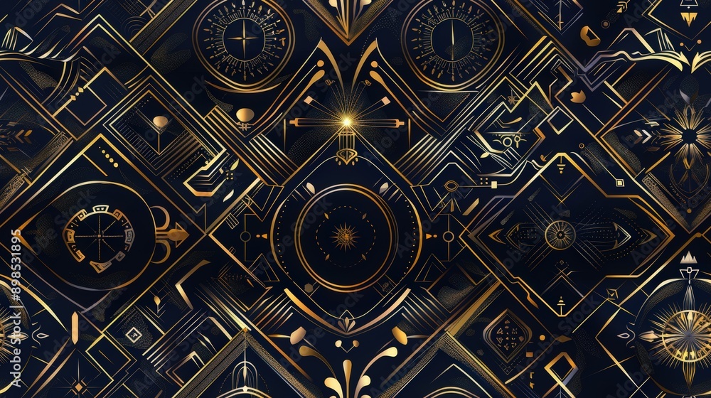 Poster a repeating geometric pattern in gold and black. the design features intricate details and various s