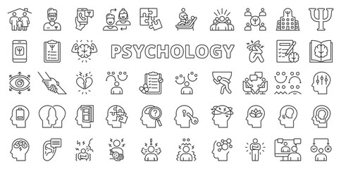 Psychology, in line design. Mental health, brain, mind, therapy, counseling, behavior on white background vector. Psychology editable stroke icons.