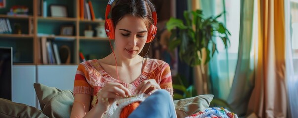 Creative Stress Relief: Woman Knitting with Radioactive Headphones, Relaxing Music Hobby