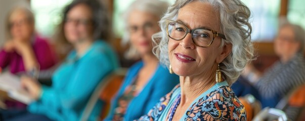Empowering Senior Woman in Royal Azure Creative Writing Class for Mental Health Wellbeing