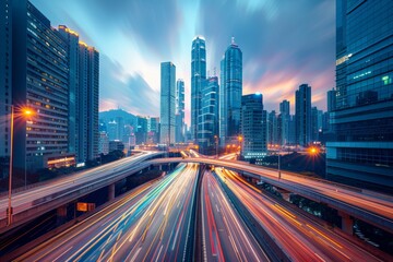 Fototapeta premium High speed light streaks on the highway in front of modern buildings with glass facades