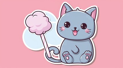 Adorable cartoon blue cat with a pink cotton candy on a pastel pink background, exuding a cute and playful vibe.