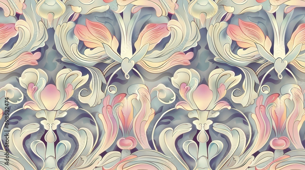 Poster a seamless repeating pattern featuring stylized flowers with delicate, flowing lines in shades of pi