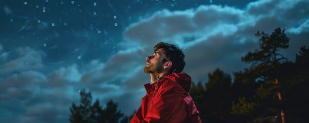 Serene Man Contemplating Stars: Mental Relaxation in Spring Red Garment under Night Sky
