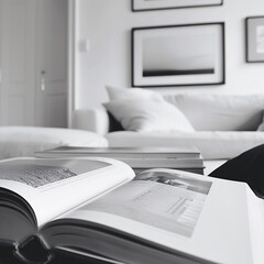 a book is opened in a white and black room 