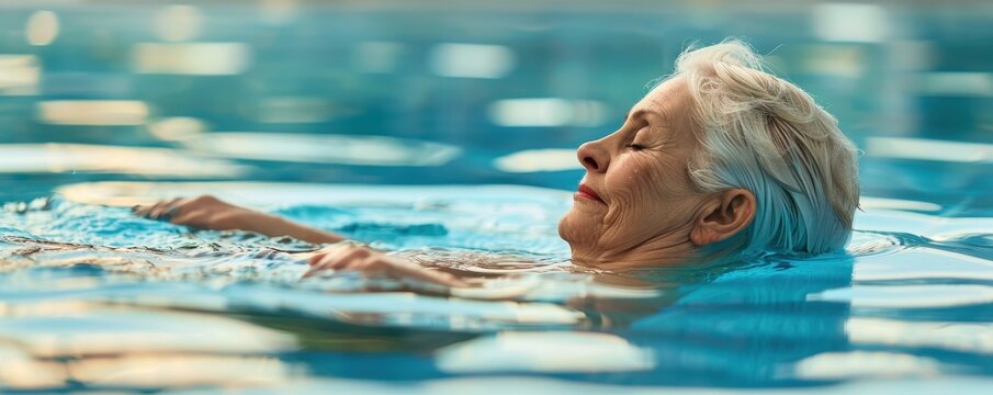Active Senior Woman in Fandango Swimwear Enjoying Mental Health Exercise Swimming in Pool