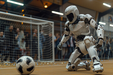 A robot is kneeling down on a soccer field and is about to kick a soccer ball