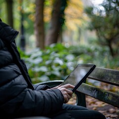 person using a tablet in a park wearing a black jacket 