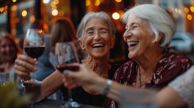 Happy senior women drinking red wine at bar restaurant, old ladies laughing have good time 