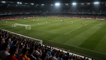 Fototapeta premium A packed stadium under bright floodlights, fans cheering, and a perfectly manicured pitch