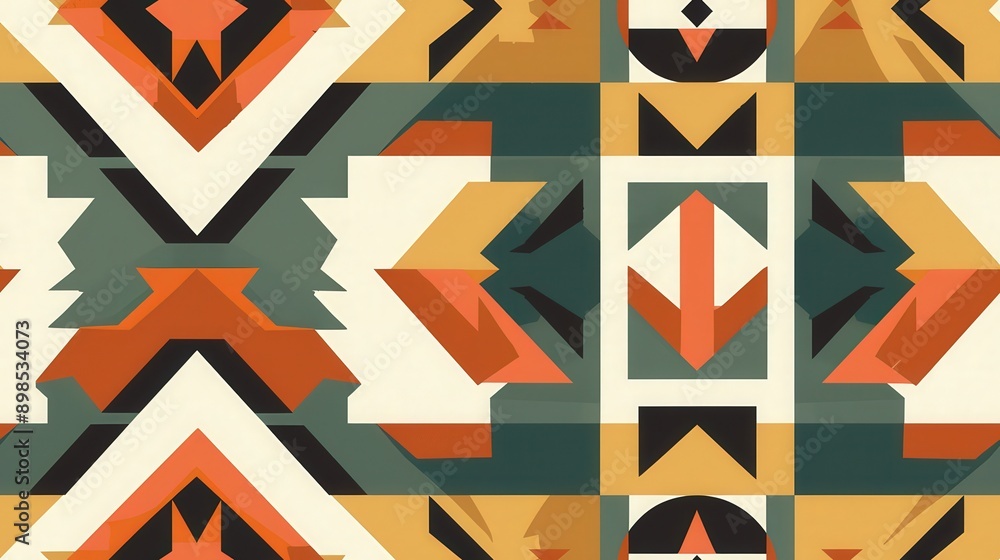 Poster a close-up view of an intricate pattern featuring bold geometric shapes in a vibrant color palette