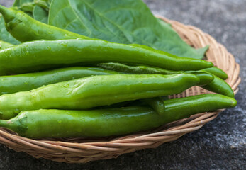 Close-up of green peppers with water drop on bamboo basket, South Korea
