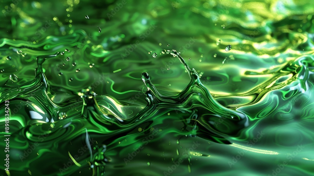 Poster a vibrant, close-up shot of a green liquid splashing, creating abstract shapes and patterns. the ima