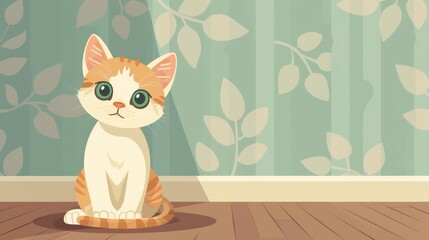 Fototapeta premium A cute orange and white kitten sits on a wooden floor with green wallpaper and white trim, a ray of light shining down on the cat. It's a perfect image for a pet website, a children's book, or a desig