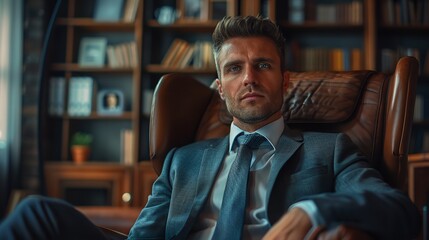 Successful middle-aged businessman in suit sits in his office. Looking straight into the camera
