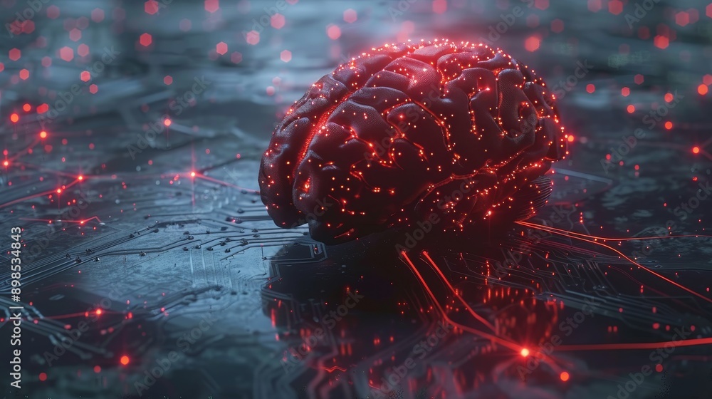 Poster a glowing red brain sits on a circuit board, symbolizing the power of ai, digital intelligence, neur