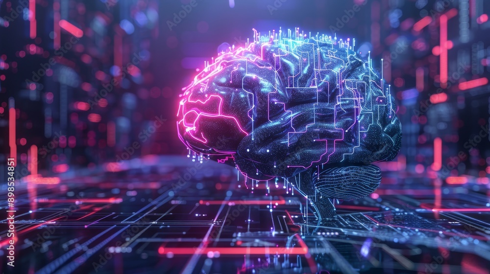 Aufkleber a digital rendering of a brain with glowing neon lights symbolizing the power of ai, technological a
