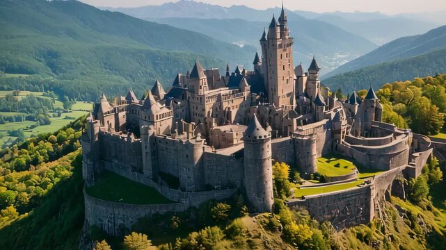 Video footage of aerial view of a grand castle perched atop a hill. The castle features multiple spires and towers, surrounded by lush greenery and majestic mountains in the background