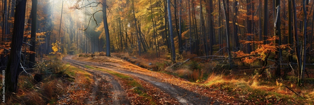 Poster a scenic path winds through a golden autumn forest, sunlight streams through the trees, casting long