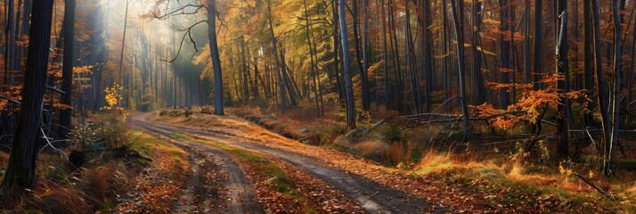 A scenic path winds through a golden autumn forest, sunlight streams through the trees, casting long shadows on the ground. The leaves are changing colors, creating a warm and inviting atmosphere.