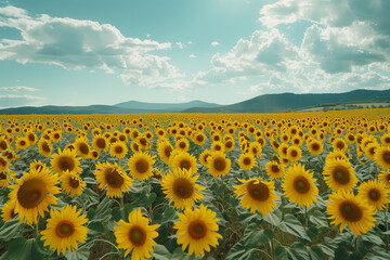 Obraz premium A field of yellow sunflowers with a blue sky in the background