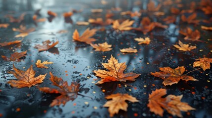 Fallen autumn leaves lie scattered on a wet surface, reflecting the sky and symbolizing the changing seasons, tranquility, and the beauty of nature after rain.