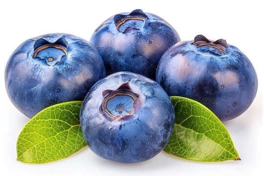 Fresh blueberries with bluberry leaves isolated on white background. Top vew.