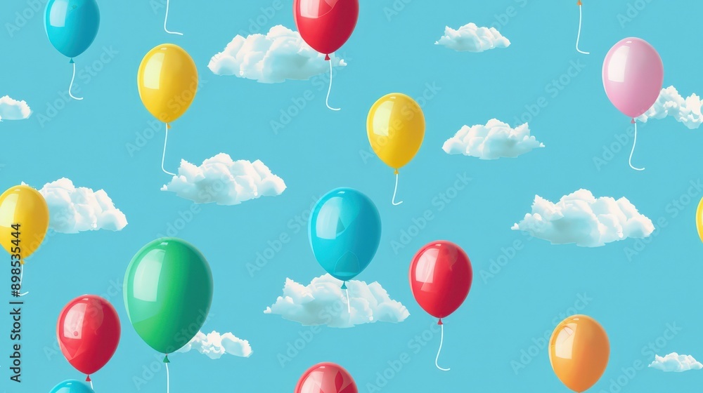 Poster bright blue sky with colorful balloons among white clouds. each balloon is a different color with st