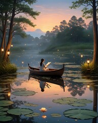 Obraz premium Golden hour casts long shadows on tranquil water as a lone boat drifts towards the horizon