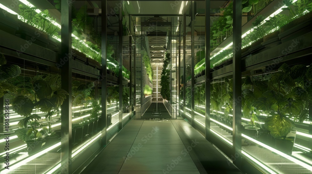Poster An indoor vertical farm with plants growing under artificial lights. The rows of plants are stacked vertically on shelves, creating a dense and efficient growing environment.