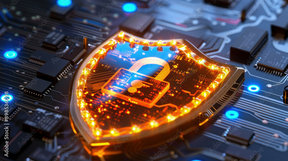 Poster a digital shield symbolizing cybersecurity, featuring a glowing padlock on a circuit board backdrop,
