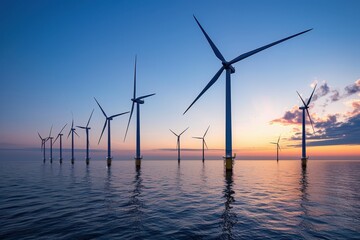 A panoramic shot of a row of offshore wind turbines stretching across the horizon at dusk.