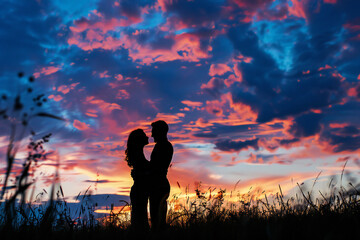 Obraz premium Romantic Couple Embracing at Sunset Silhouette Capturing Love and Intimacy in Nature