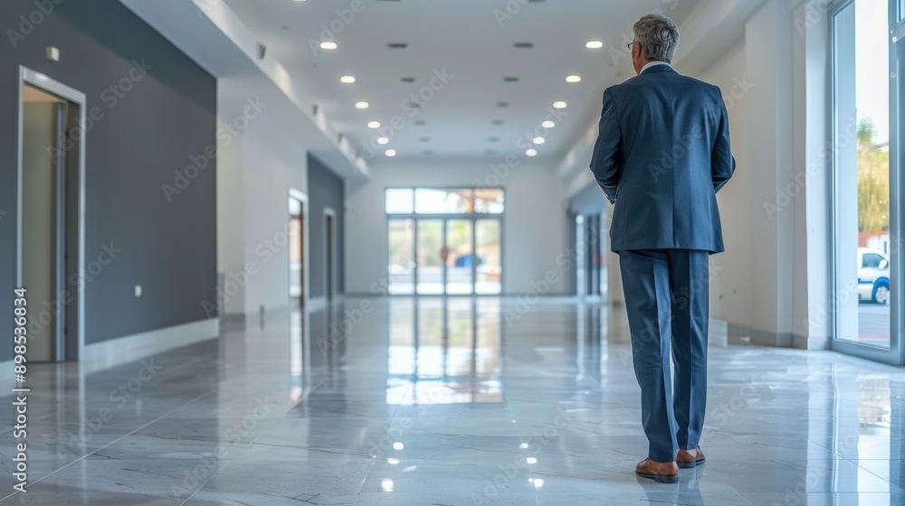 Poster businessman in suit standing in an empty lobby looking out a window