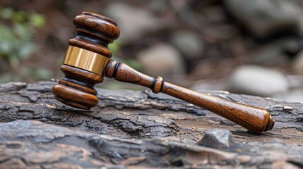 Gavel Resting on a Rough Wooden Surface, Symbol of Justice and Authority in a Natural Setting