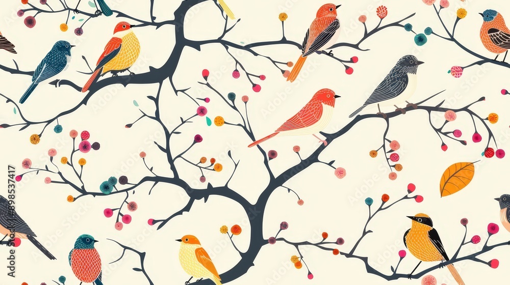 Poster a vibrant illustration of colorful birds perched on branches of a tree, with small berries and a sin