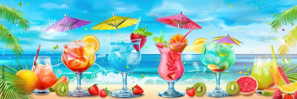 Poster A row of five colorful cocktails garnished with fruit and adorned with small umbrellas sit on a sandy beach with the ocean and palm trees in the background. Generative AI