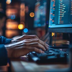 a close up shot a human setting up a firewall system 