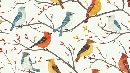 A vibrant pattern of colorful birds perched on bare branches with small red berries