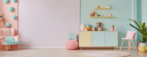 A colorful room with a pink wall and a blue wall by AI generated image