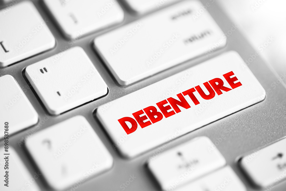 Aufkleber debenture is a type of long-term business debt not secured by any collateral, text concept button on