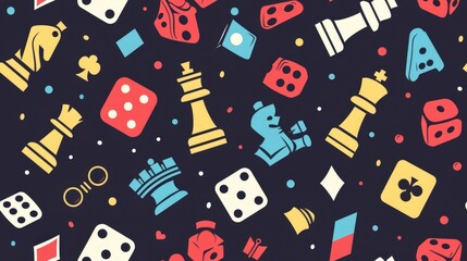 A seamless pattern featuring various board game elements on a dark background