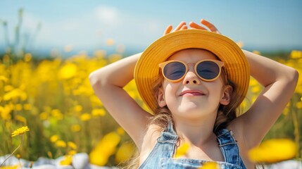 girl wearing sunglasses and hat in mustard flower field sunny day, summer vibes