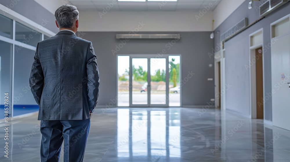 Poster man in suit standing in empty room with open doors and view of a courtyard