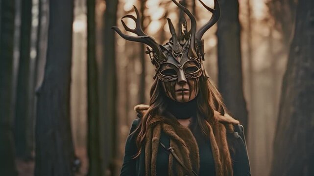 Close up of a majestic witch, female witch doctor, a priestess or an elf queen wearing a mask and a crown with horns. Forest deity. Cinematic fantasy footage.