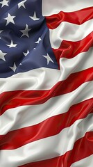 A close-up view of a waving American flag, showcasing the red and white stripes and the blue field with white stars
