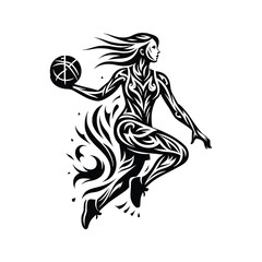 Obraz premium Basketball female player in ethnic tribal pattern illustration, emblem shield badge