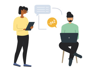 Two people work together and discuss their tasks in front of their computers. Flat style vector illustration. Business people.