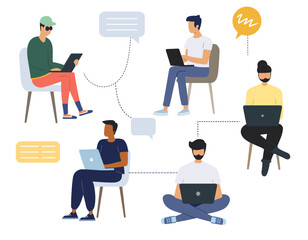 Group of men work and discuss their tasks in front of their computers. Flat style vector illustration. Business people.